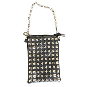 Black Faux Leather Studded Mini Wristlet Purse Chain Strap Zipper Closure